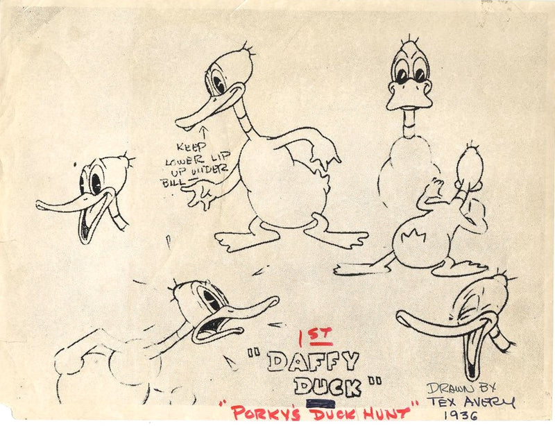 Porky's Duck Hunt Original Production Model Sheet Signed by Tex Avery: 1st Daffy Duck