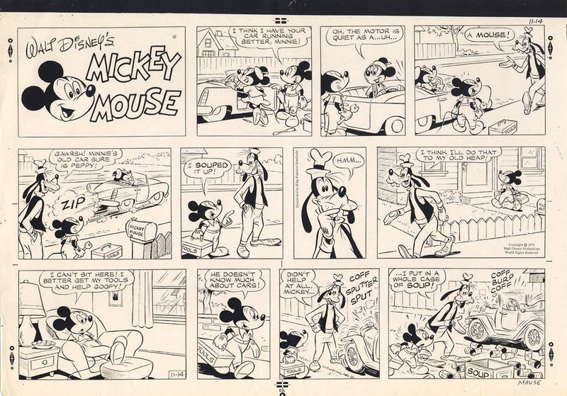 Mickey Mouse (1971) Original Sunday Comic Strip, Drawing, and Proof: Mickey, Minnie, and Goofy