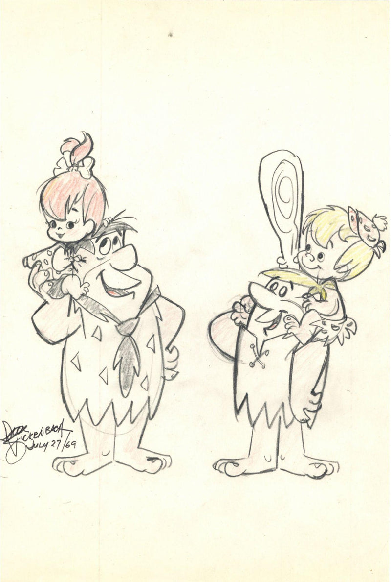 Fred, Pebbles, Barney and Bamm-Bamm Original Character Drawing Signed by Dick Bickenbach