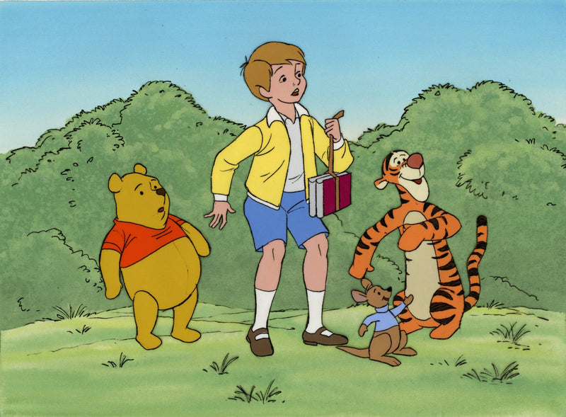 Winnie the Pooh Original Production Cel Key Setup on Original Background: Pooh, Christopher Robin, Tigger, Roo (Framed)