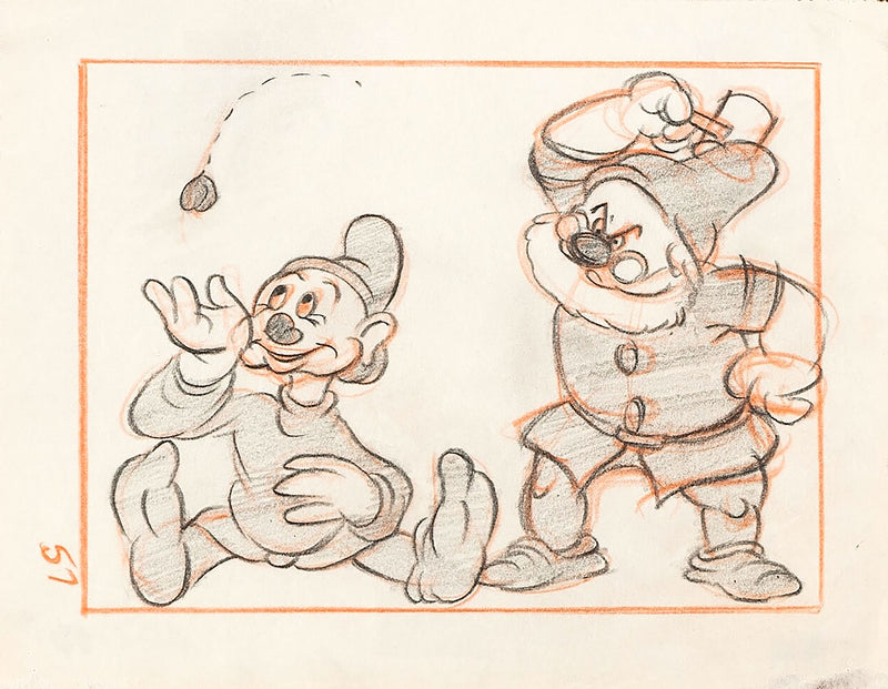 Snow White Original Storyboard Drawing: Dopey and Doc (Framed)