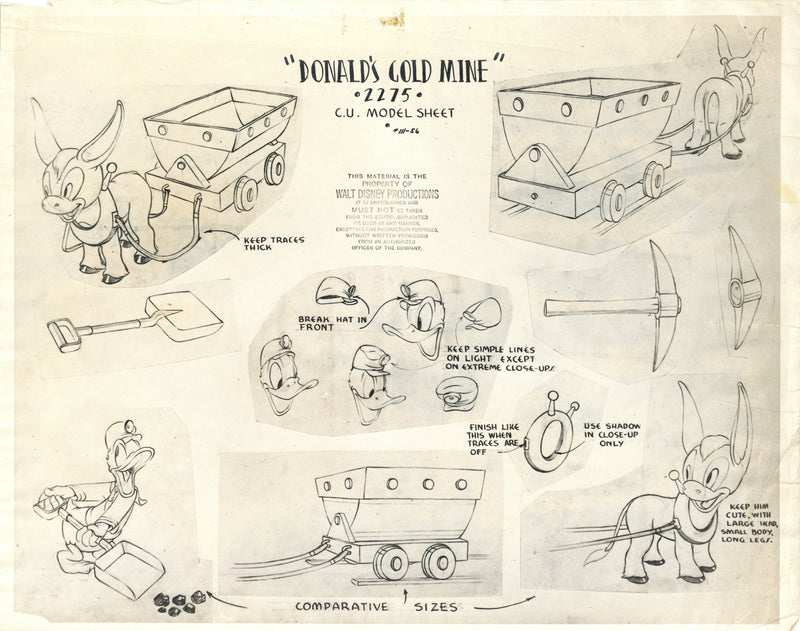 Donald's Gold Mine Original Stat Model Sheet: Donald Duck, Donkey, Mine Cart