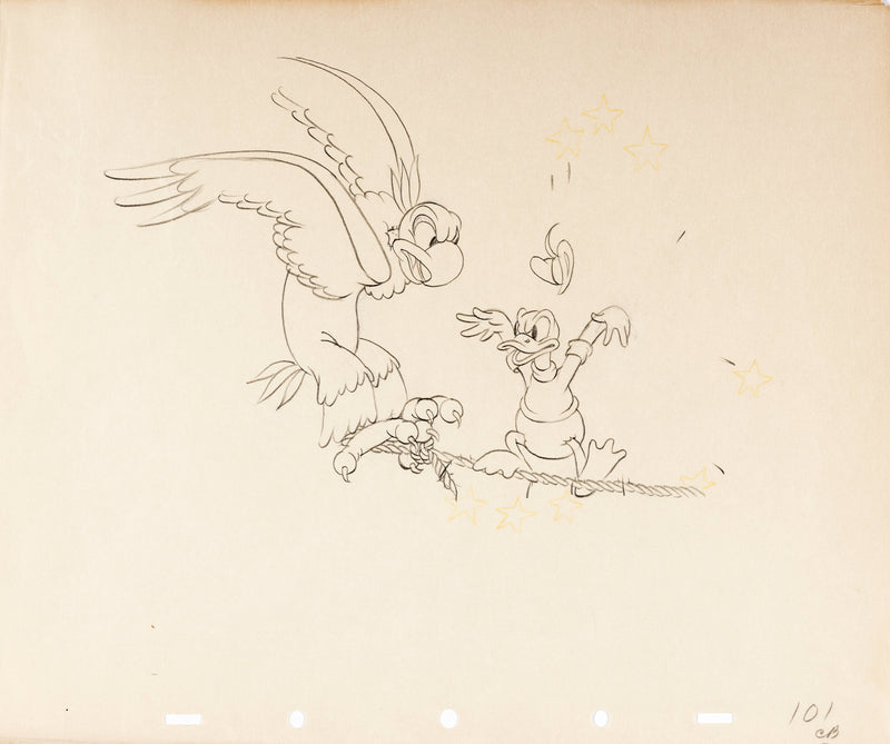 Alpine Climbers Original Production Drawing: Donald Duck and Eagle Initialed by Carl Barks