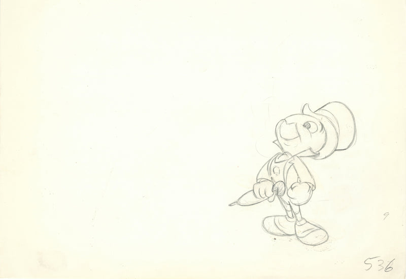 Jiminy Cricket Original Production Cel with Matching Drawing Signed by Preston Blair