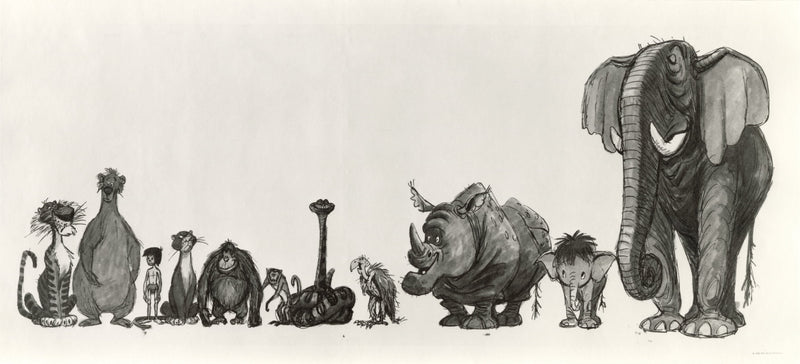Hand-Colored Photostat Size Comparison Model Sheet: Jungle Book Cast
