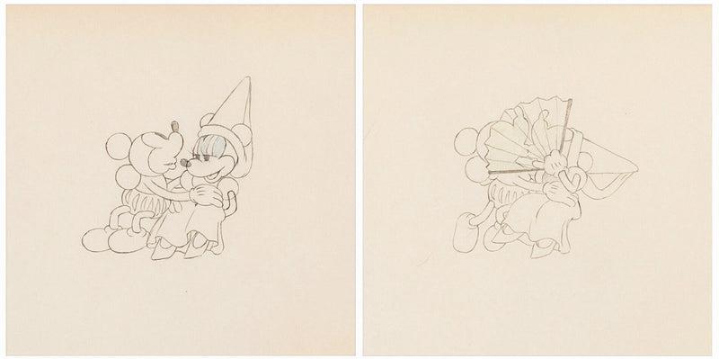 Ye Olden Days Pair of Vintage Original Production Drawing: Mickey Mouse, Minnie Mouse