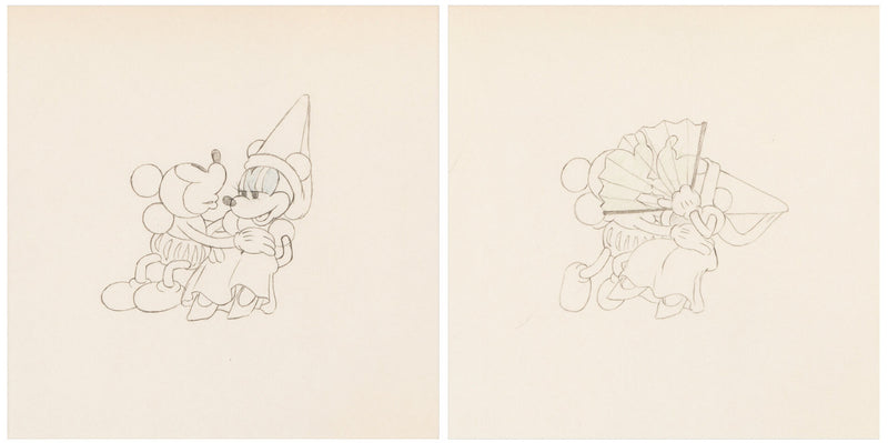 Ye Olden Days Pair of Vintage Original Production Drawing: Mickey Mouse, Minnie Mouse