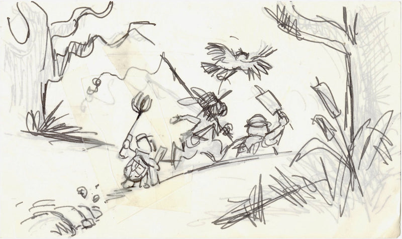 The Rescuers Storyboard Drawings (Set of 4): Deadeye, Deacon Owl, Gramps, Ellie Mae, Luke