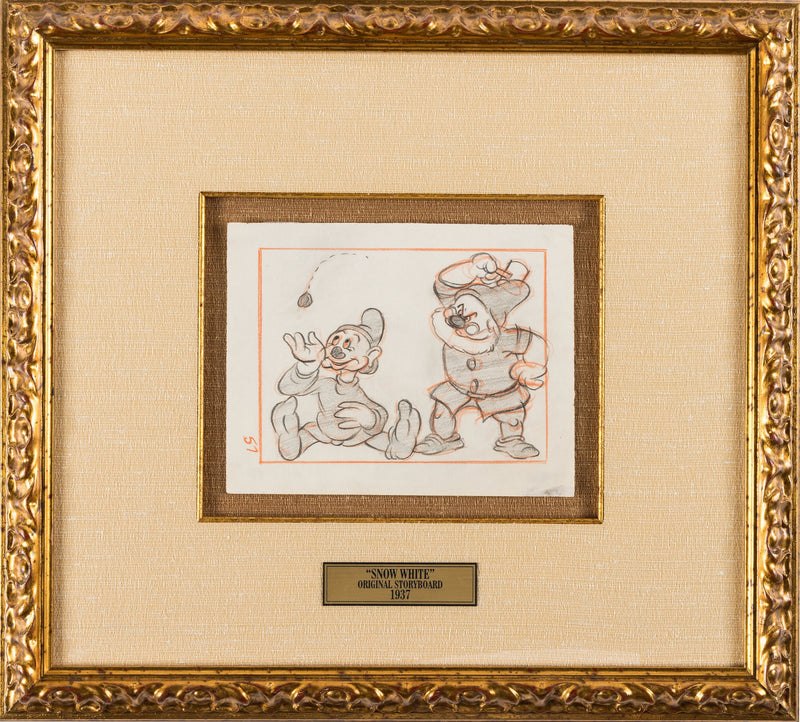 Snow White Original Storyboard Drawing: Dopey and Doc (Framed)