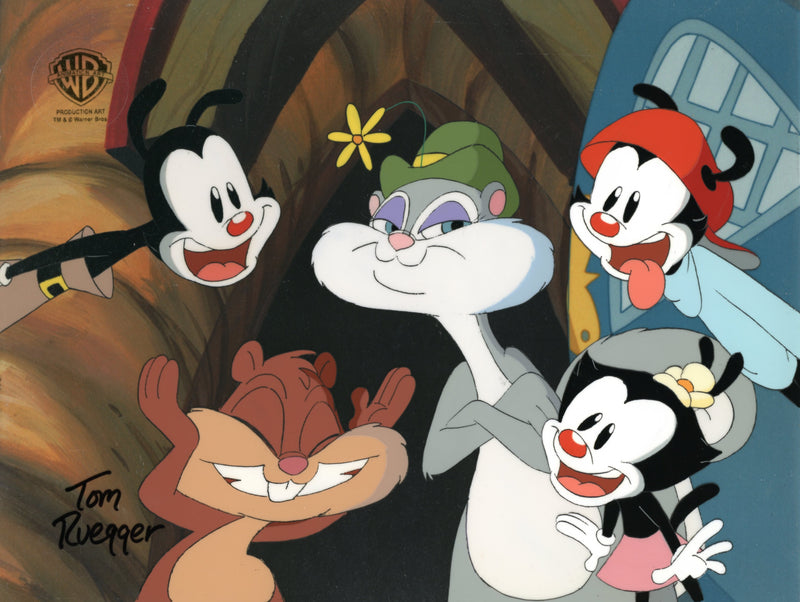 Animaniacs Original Production Cel Signed by Tom Ruegger: Wakko, Yakko, Dot, Slappy, Skippy