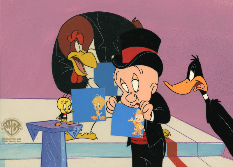 Looney Tunes Original Production Cel on Original Background: Tweety, Foghorn, Elmer, Daffy