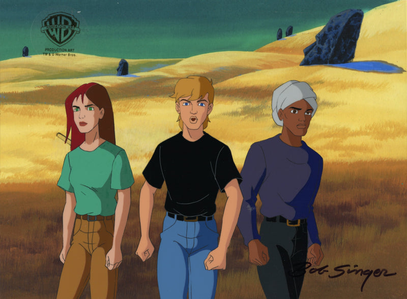 The Real Adventures of Jonny Quest Original Production Cel on Original Background with Matching Drawings Signed by Bob Singer: Jonny, Jessie, Hadji