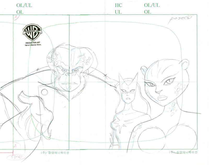 Justice League Original Production Pan Drawing: Ultra-Humanite, Star Sapphire, Cheetah