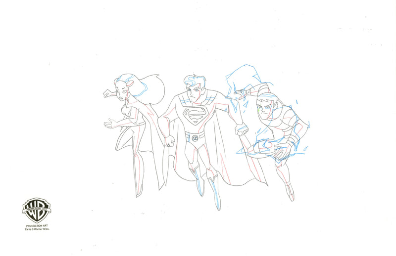 Legion of Super Heroes Original Production Drawing: Phantom Girl, Superman, Lightning Lad