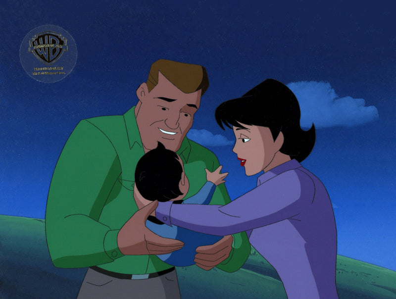 Superman The Animated Series Original Production Cel on Original Background with Matching Drawing: Jonathan, Martha, Baby Clark