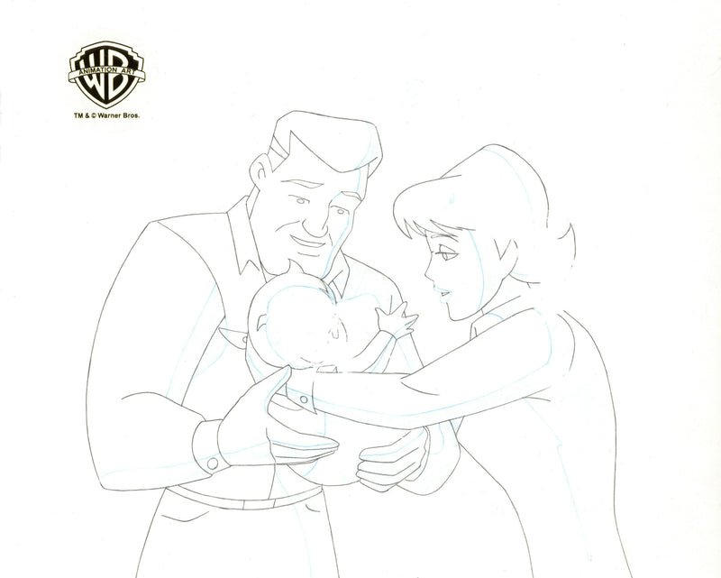 Superman The Animated Series Original Production Cel on Original Background with Matching Drawing: Jonathan, Martha, Baby Clark