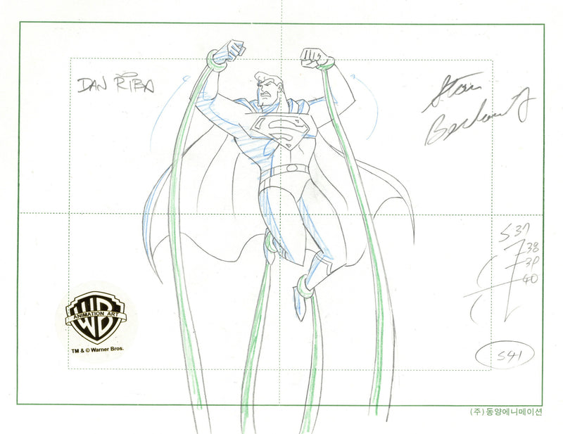 Superman The Animated Series Original Production Drawing Signed by Dan Riba and Stan Berkowitz: Superman