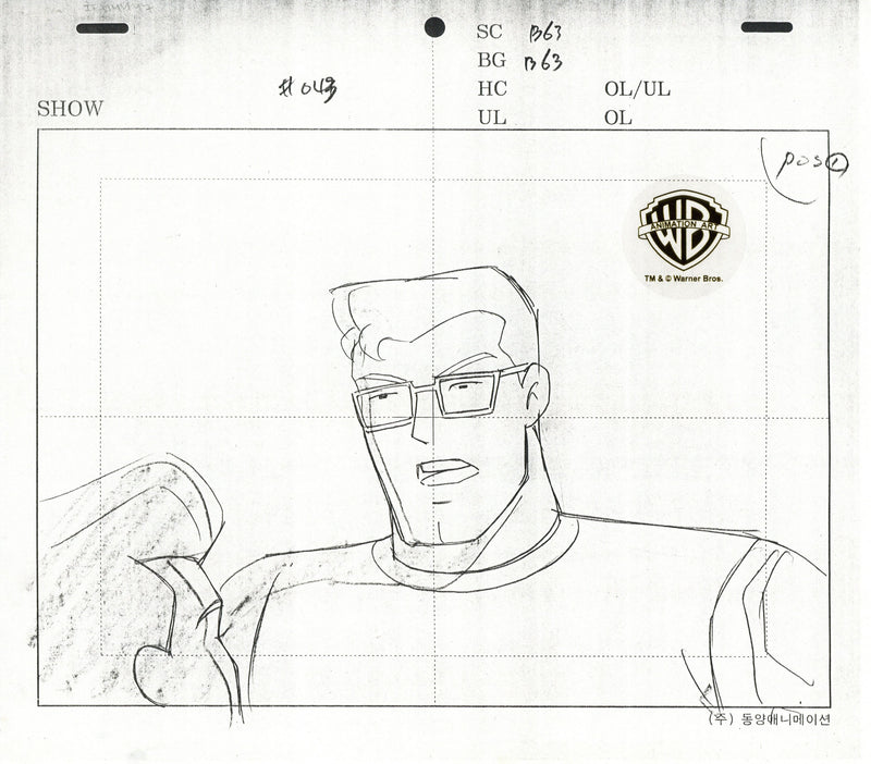 Superman The Animated Series Original Production Cel on Original Background with Matching Drawings: Clark Kent