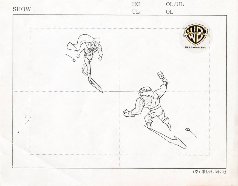 Superman The Animated Series Original Production Cel on Original Background with Matching Drawings from Cut Scene: Superman, Kalibak