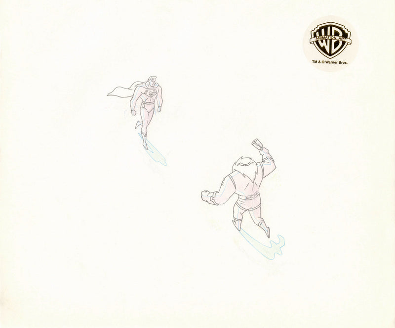 Superman The Animated Series Original Production Cel on Original Background with Matching Drawings from Cut Scene: Superman, Kalibak
