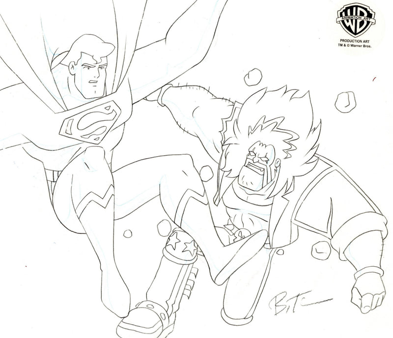 Superman the Animated Series Bruce Timm signed Original Production Cel with Matching Drawing: Superman and Lobo - Choice Fine Art